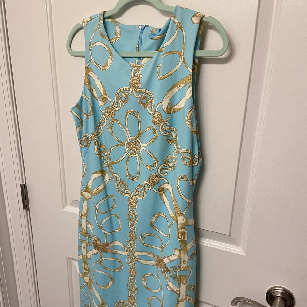 Beautiful J. McLaughlin Dress, Size Medium, Light Blue w/ Gold